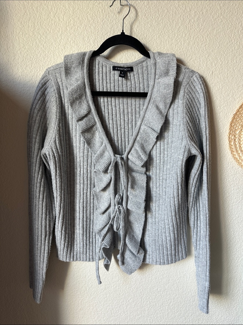 41 Hawthorn Light Gray Ruffle Tie-Front Ribbed Cardigan